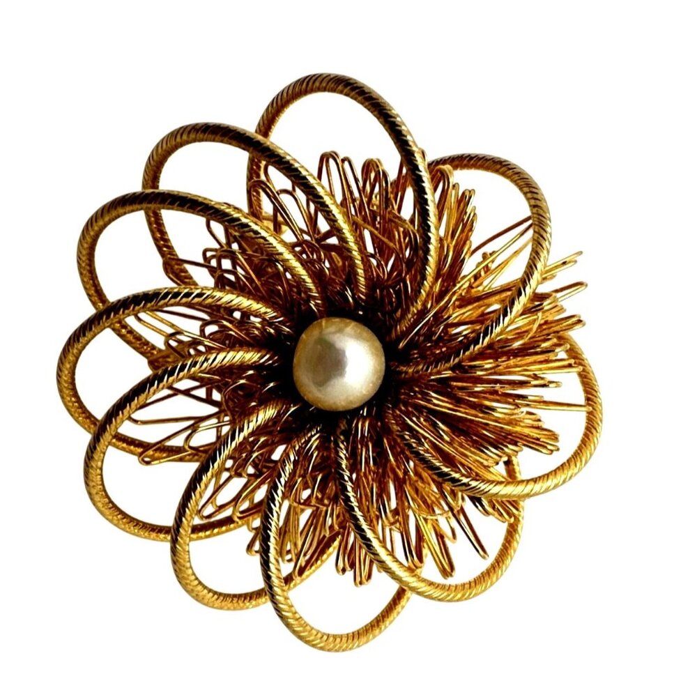 MCM Vintage Atomic Starburst Brooch Granny Fem Costume Pearl Wire Wrap Gold Tone